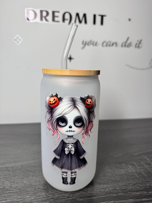 Halloween Girl 16oz Glass Can